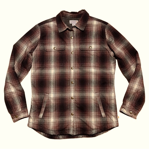 Carhartt Wm’s Hubbard Sherpa Lined Plaid Flannel Shirt Jacket In Deep Wine Sz M - Picture 9 of 16